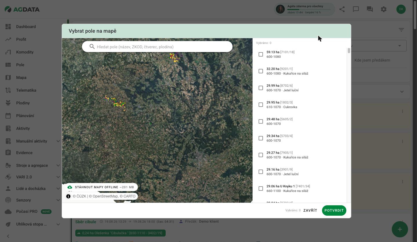 Výběr pole na mapě